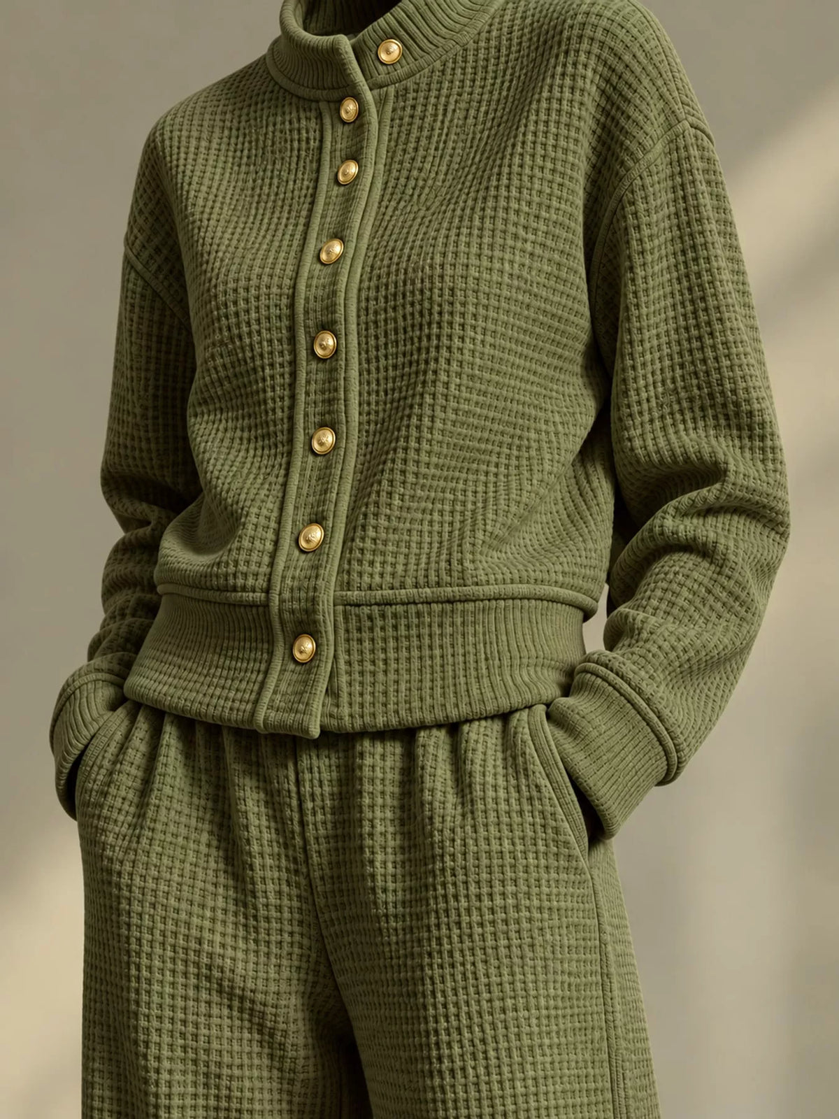 Army Green waffle knit button-up outerwear and wide-leg pants set
