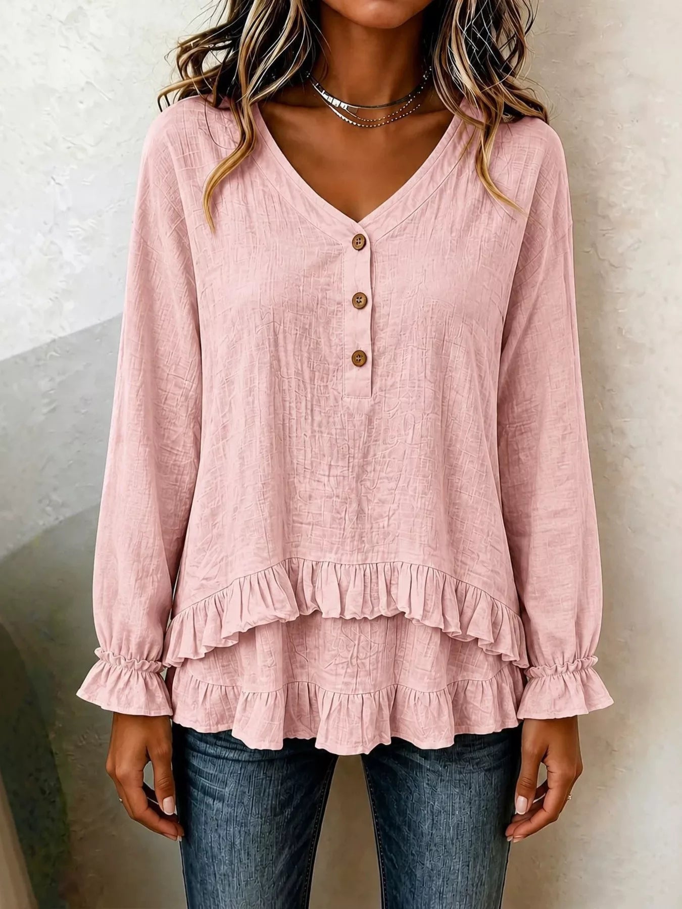 Trendsi Ruffled Hem Long Sleeve Blouse -