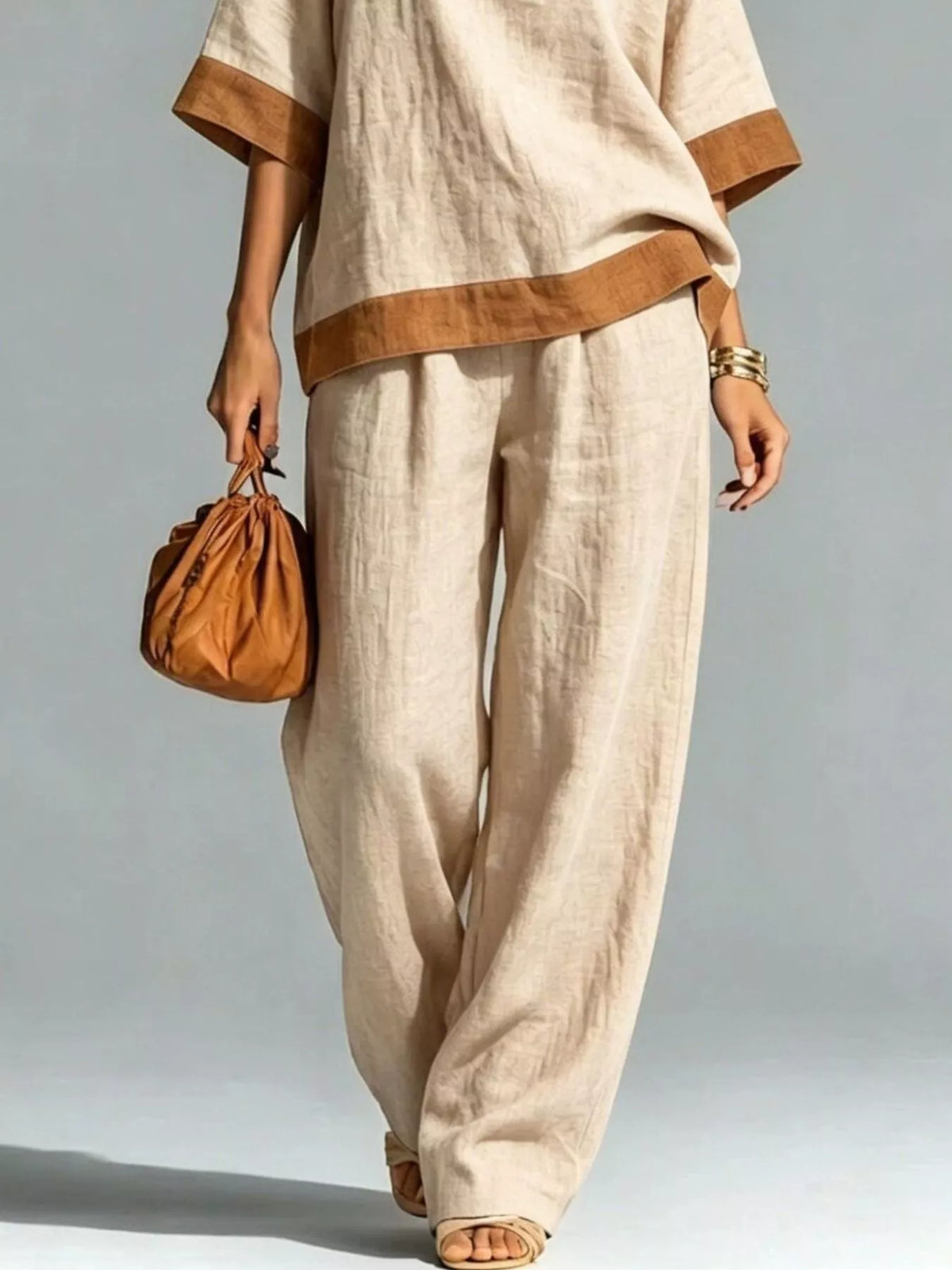 Trendsi Full Size Contrast Trim Top and Wide Leg Pants Set Plus Size -