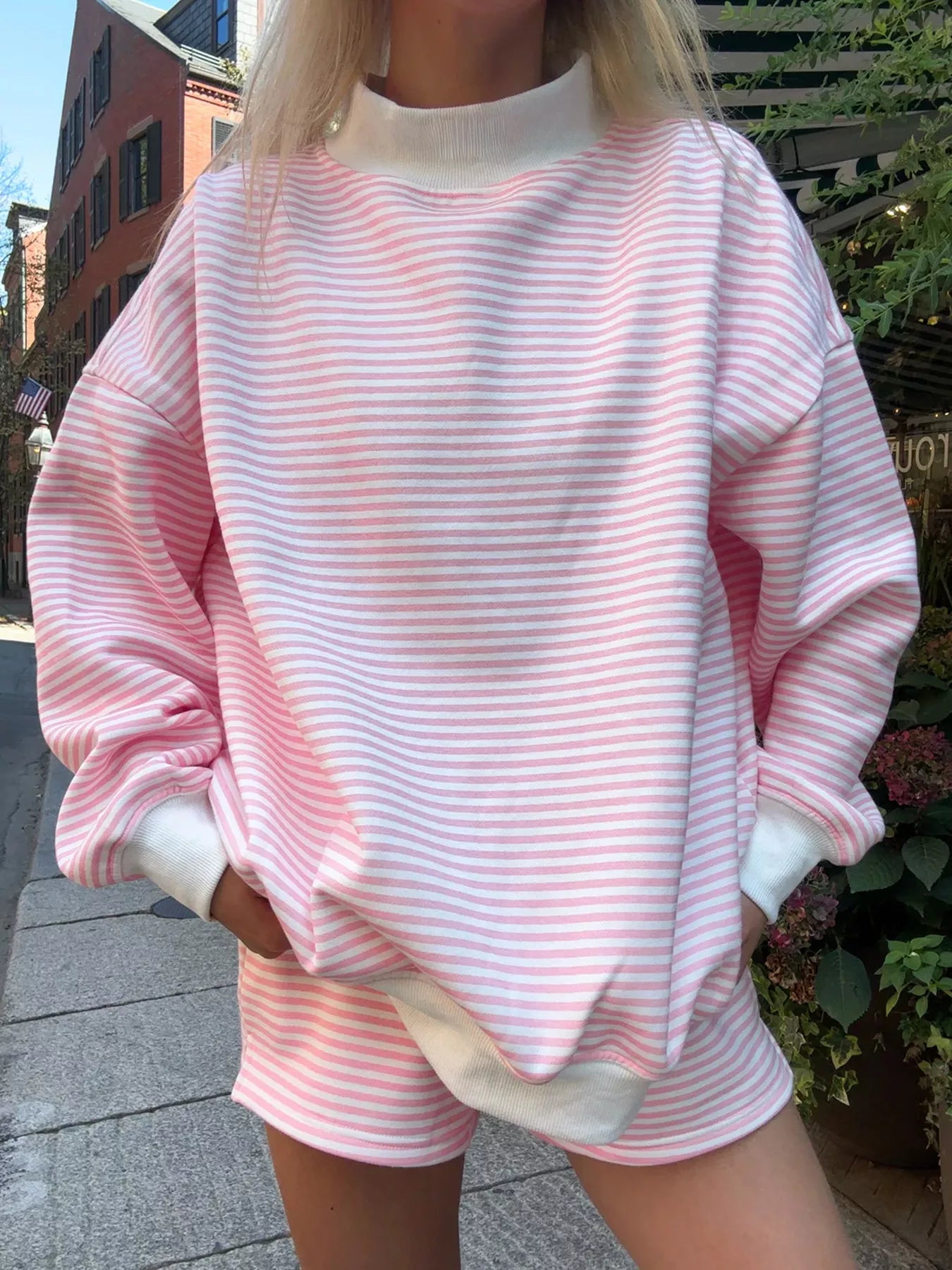 Trendsi Striped Mock Neck Sweatshirt and Shorts Set -