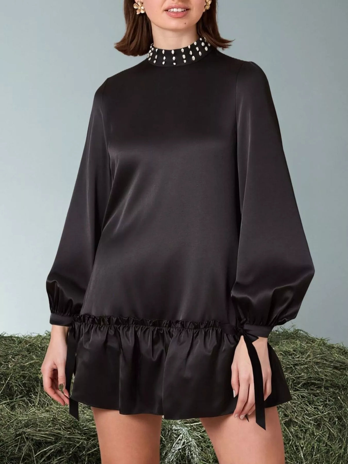 Pearl-trim mini dress, black front