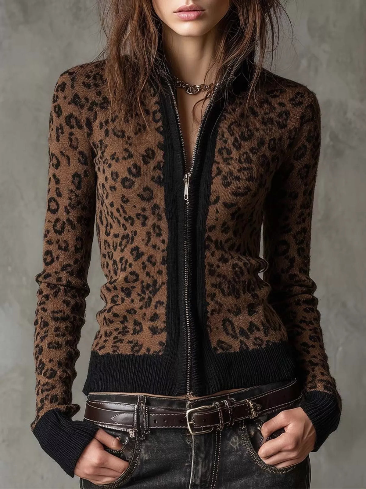 Leopard zip cardigan, brown leopard front