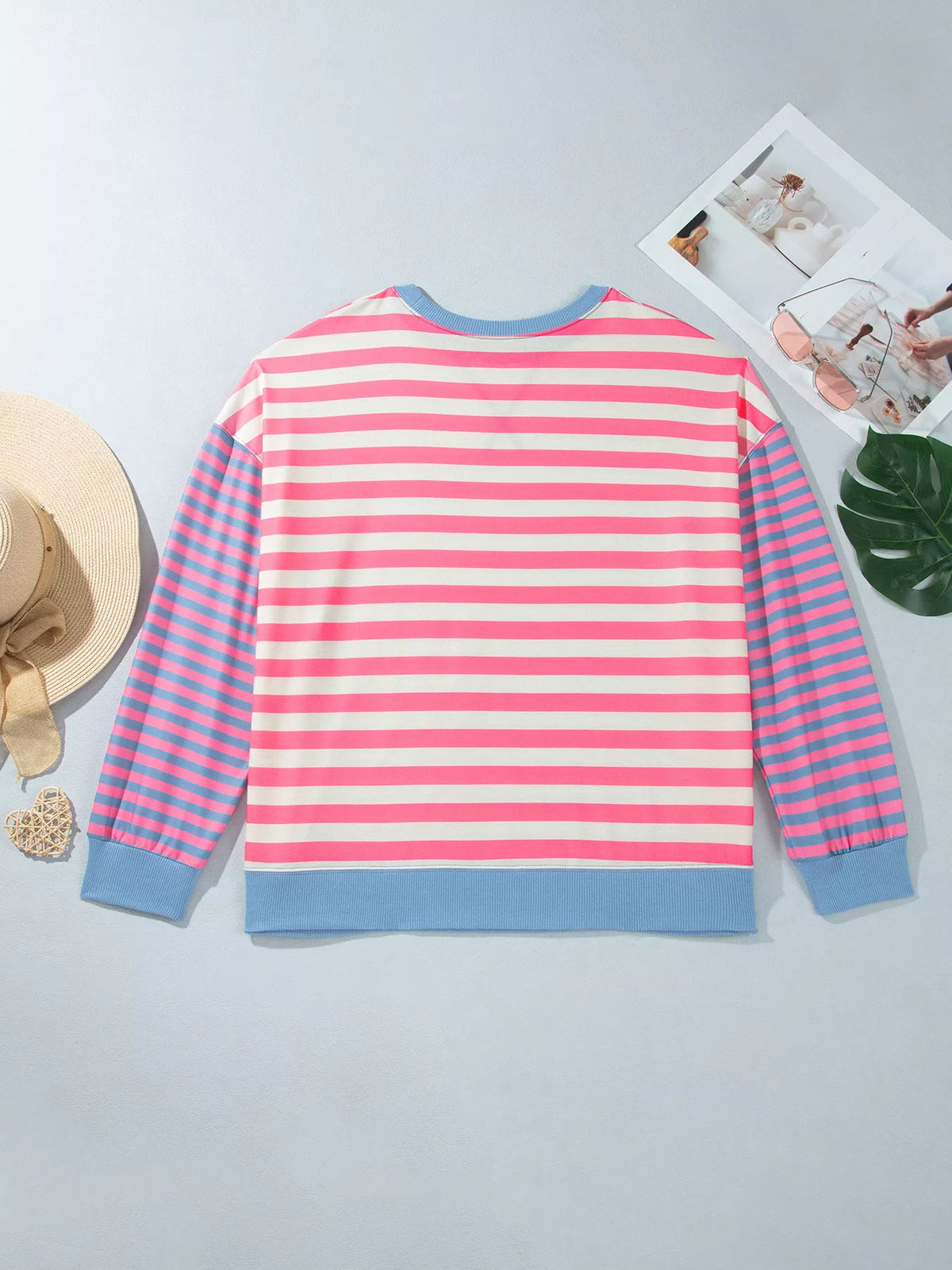 Pink white and blue striped crewneck tunic sweatshirt, back product view