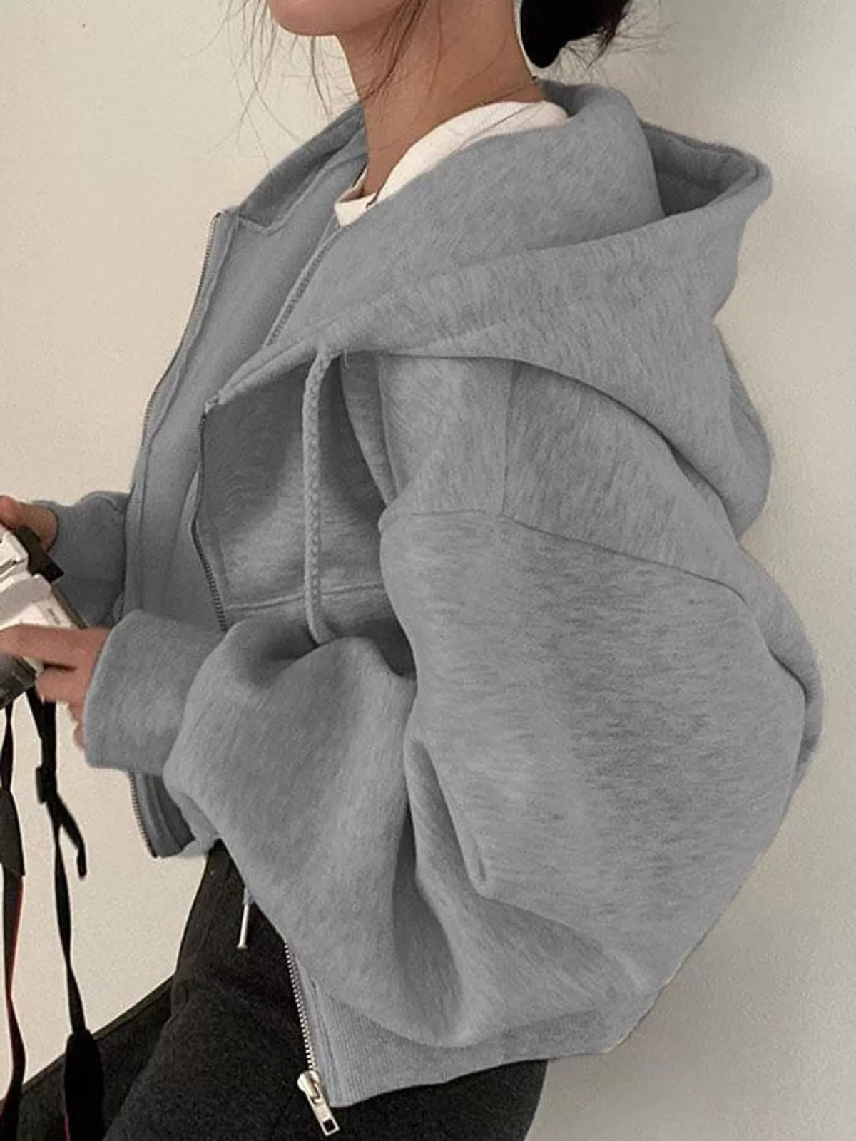 Dark Gray oversized zip-up cropped hoodie