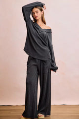 Trendsi BiBi Two Tone Cord Rib Contrast Stitching V-Neck Top and Pants Set -