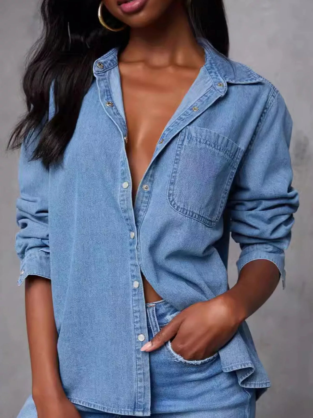 Snap Down Denim Shirt in denim blue, front view