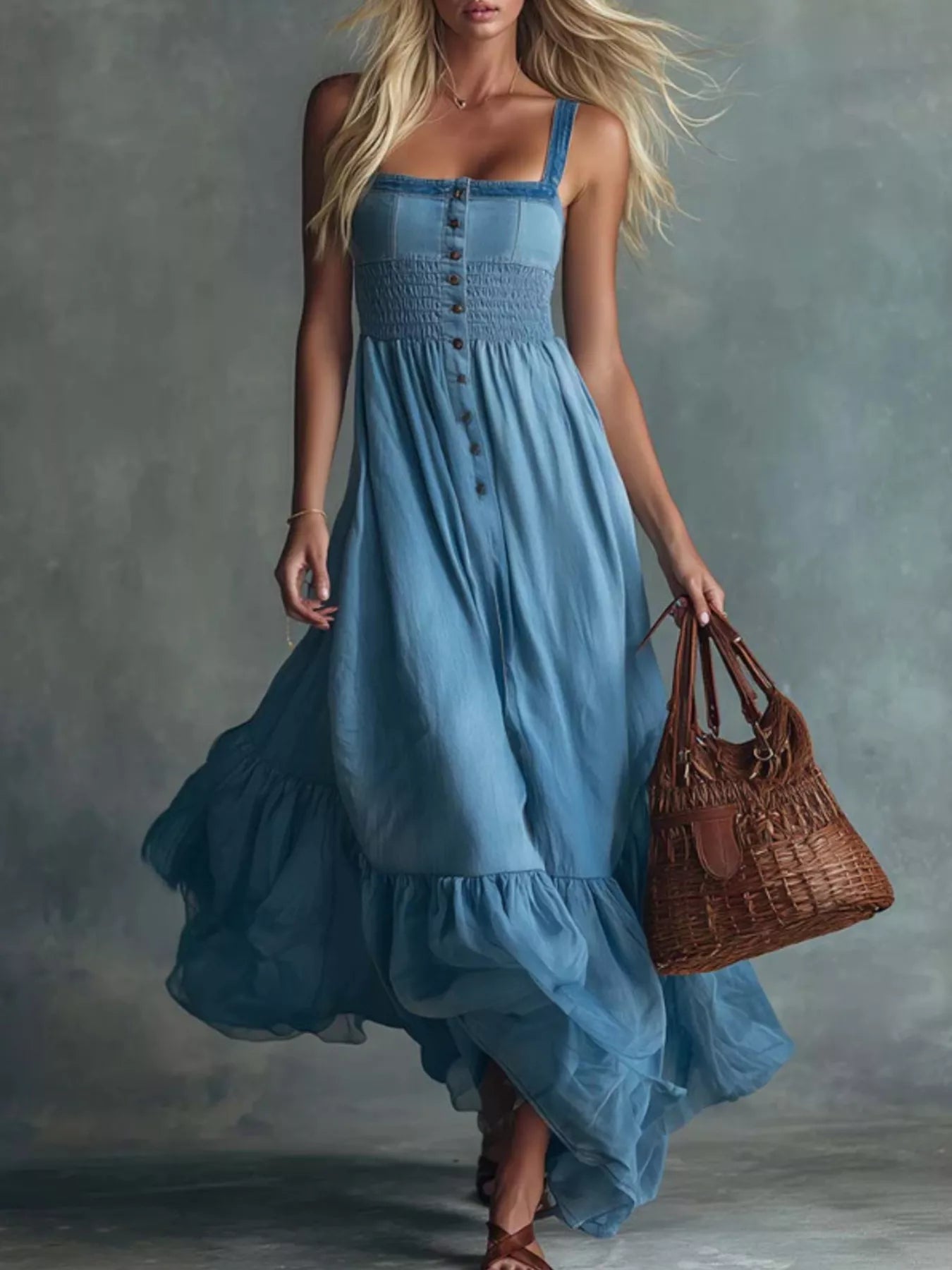Trendsi Smocked Button Front Denim Maxi Dress -