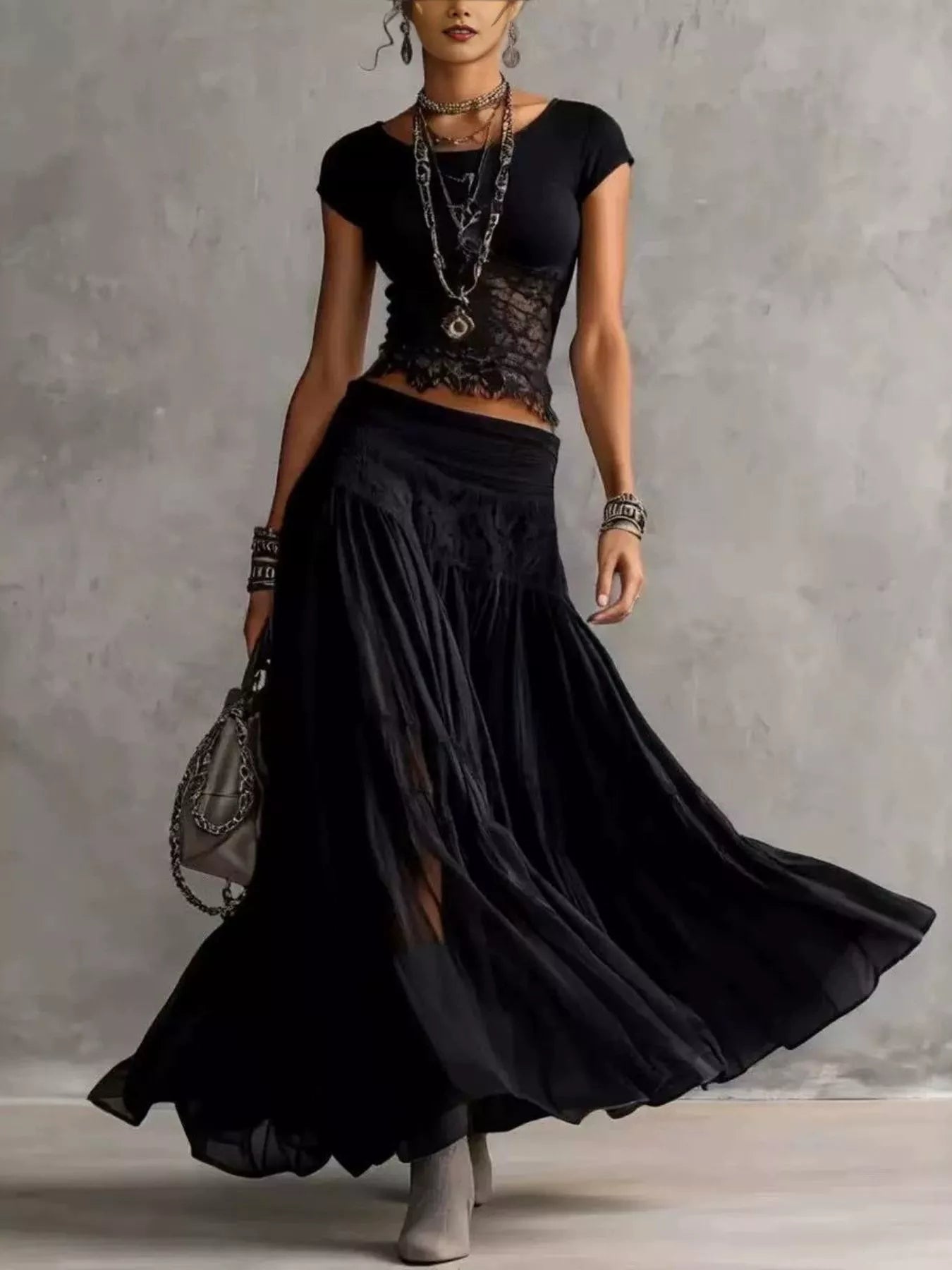 Trendsi Lace Slim Fit Top and Maxi Skirt Set -