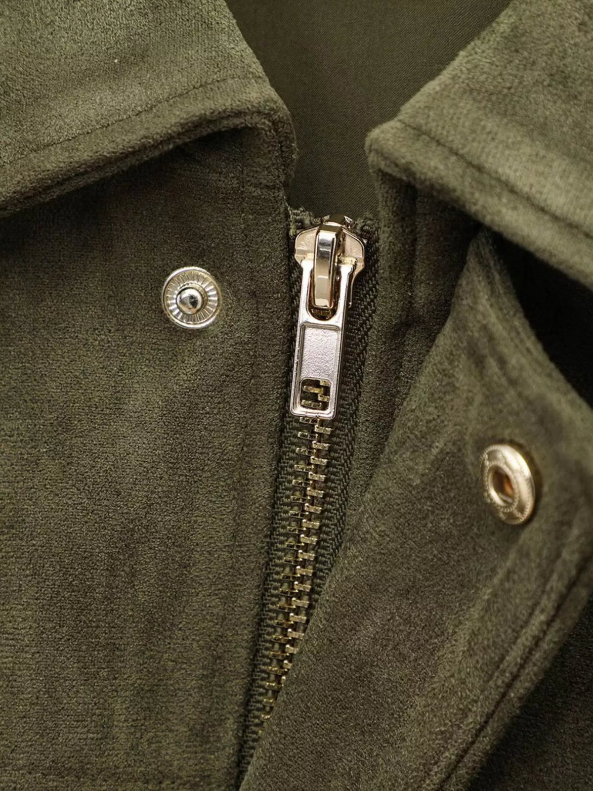 Faux Suede Collared Bomber Jacket — garment construction details