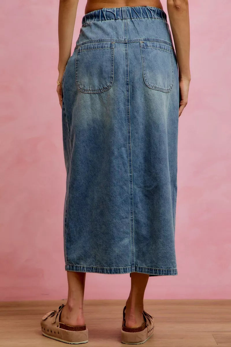 Women's High-Waisted Pleated Denim Maxi Skirt With Front Slit — product view 3