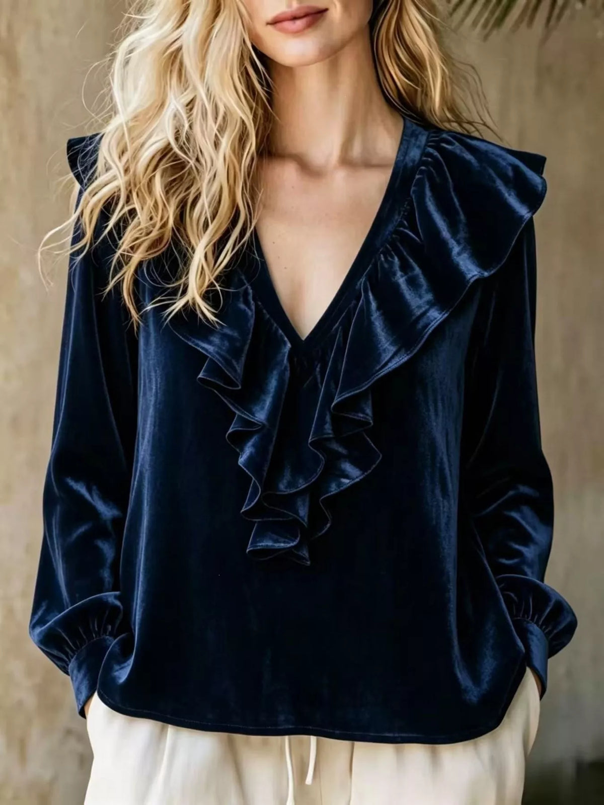 Dark Navy Velvet Ruffled V-Neck Long Sleeve Blouse front view