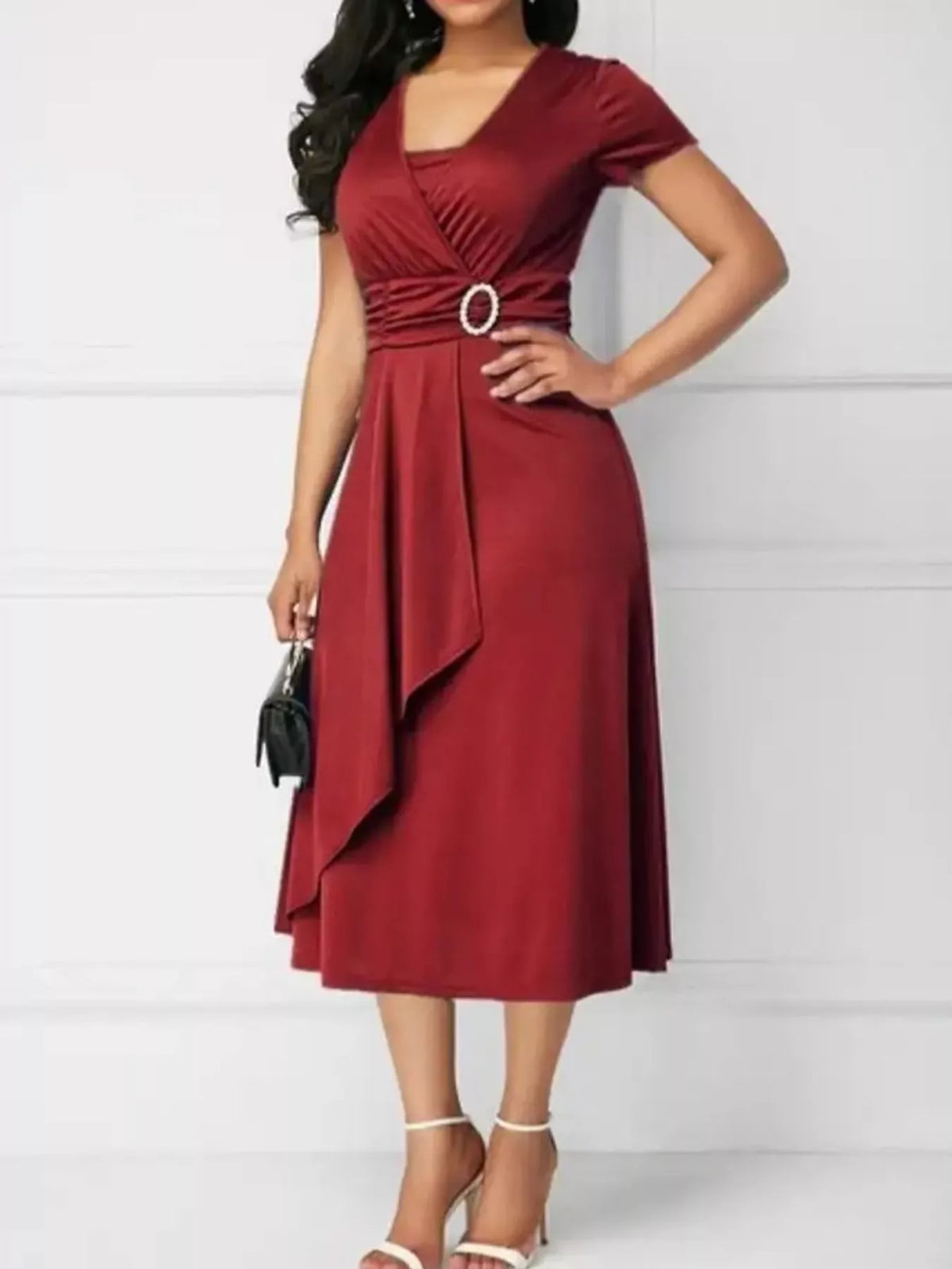 Decorative Buckle Short Sleeve Dress — side view