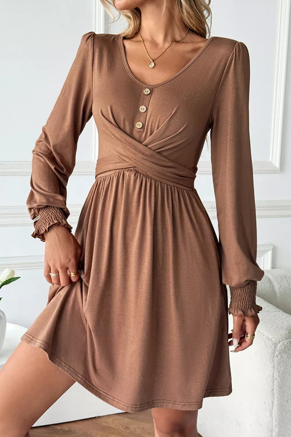 Trendsi Shirred Cuff Long Sleeve Button Round Neck Mini Dress -