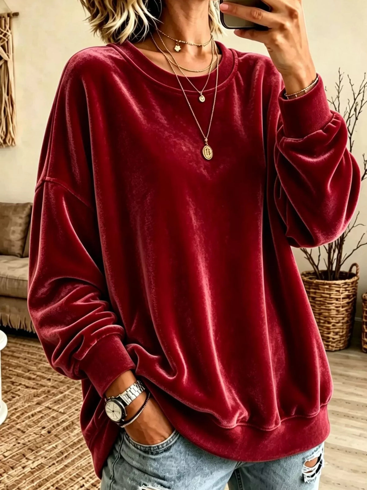 Women's Velvet Dropped Shoulder Crew Neck Sweatshirt in burgundy — front view