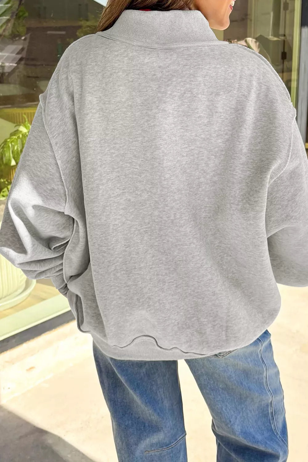 Halloween BOO & Bat Printed Reversible Mock Neck Sweatshirt in gray, back view