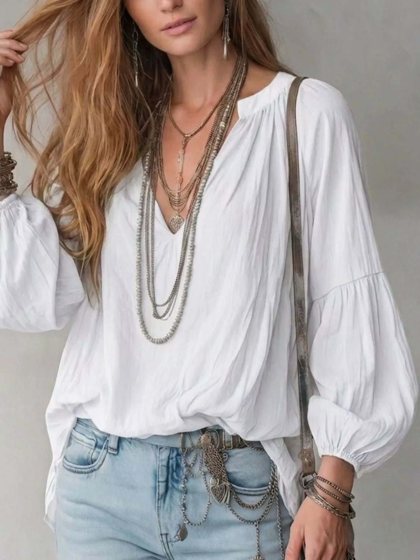 Trendsi Notched Balloon Sleeve Blouse -