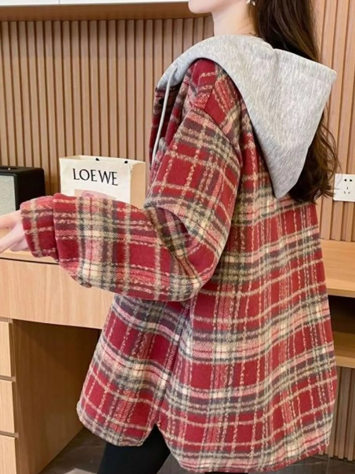 Red plaid button-up hooded shacket, back view