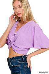 Trendsi Zenana Woven Airflow Twisted Top & Wide Leg Pants Set -