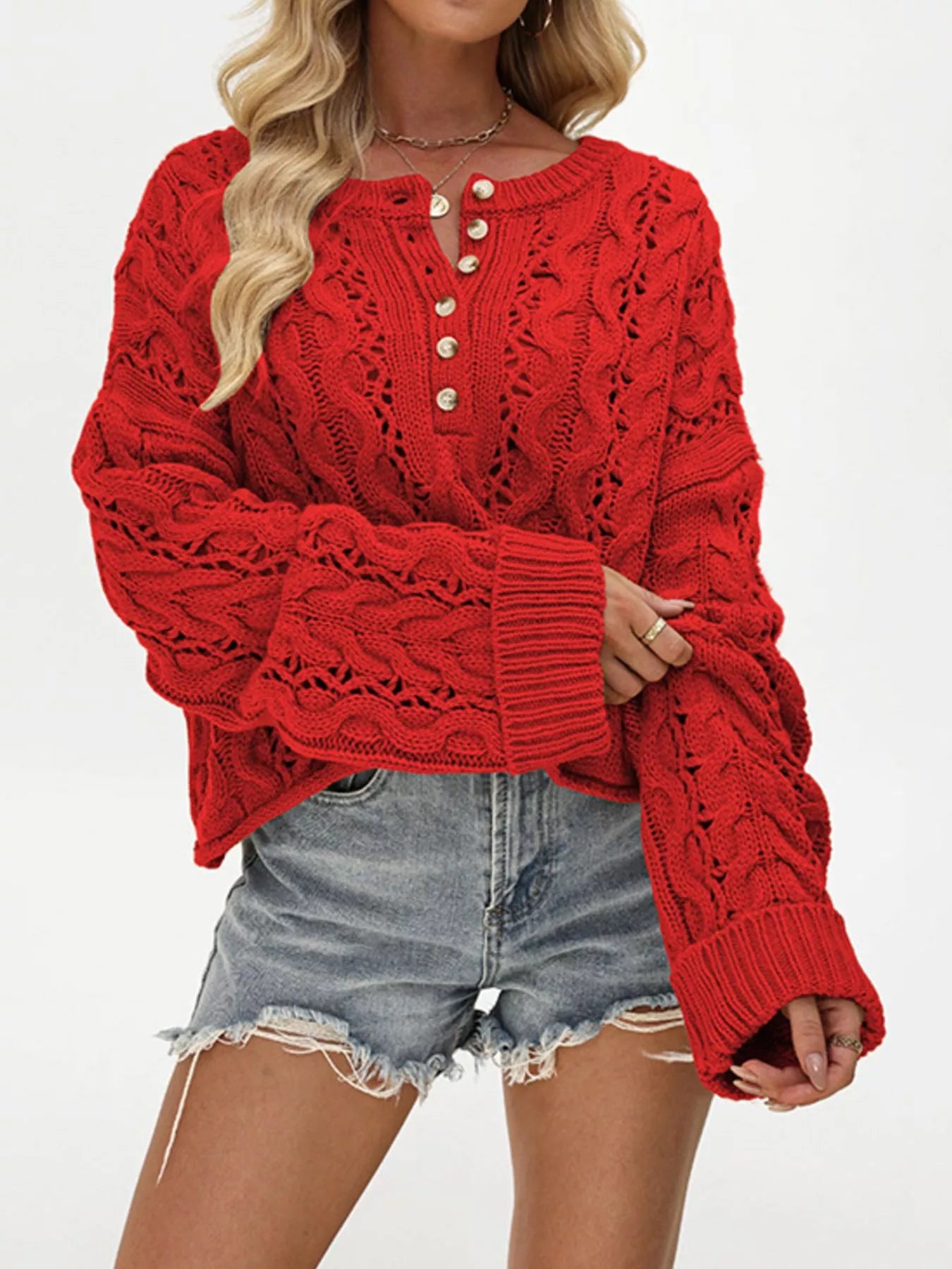 Trendsi Chic Cable Knit Half-Button Openwork Sweater -