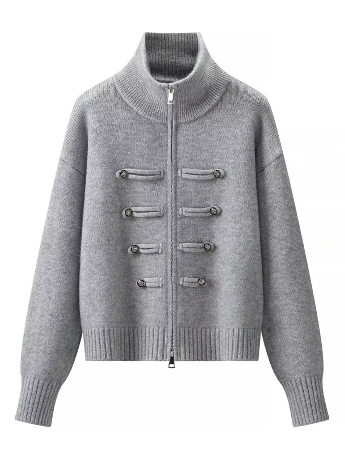 Gray turtleneck zip-up cardigan