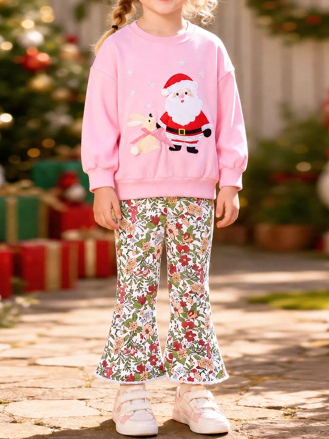 Trendsi Children's Christmas Santa Graphic Sweatshirt and Floral Flare Pants Set -