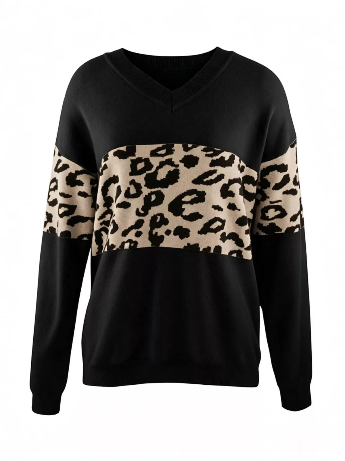 Black leopard v-neck dropped shoulder sweater