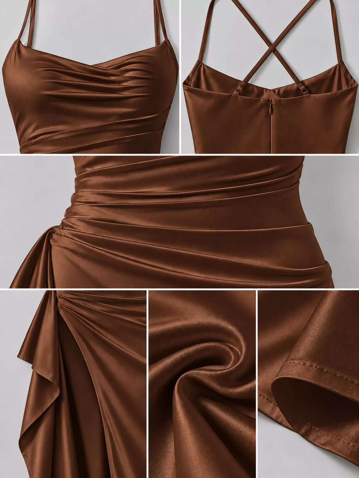 Brown satin ruched high slit maxi dress, detail view