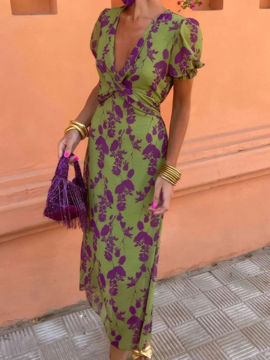 Trendsi Printed Plunge Short Sleeve Midi Dress -