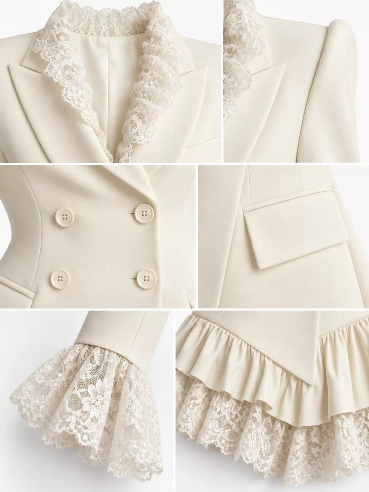 White lace trim blazer dress, detail view