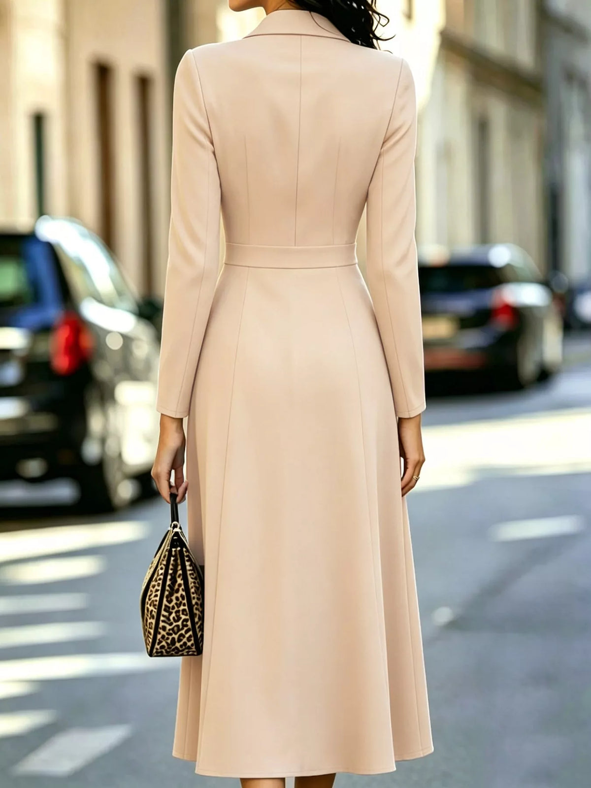 Beige double-breasted lapel collar midi dress — back view