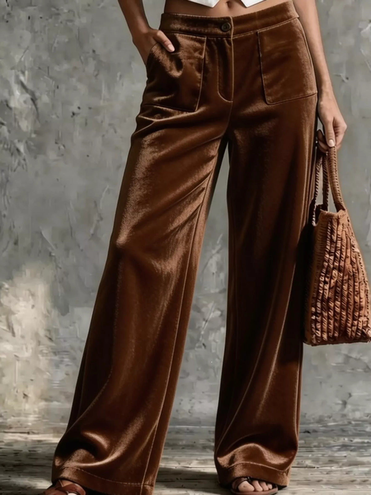 Brown high-waisted wide-leg velvet pocket pants