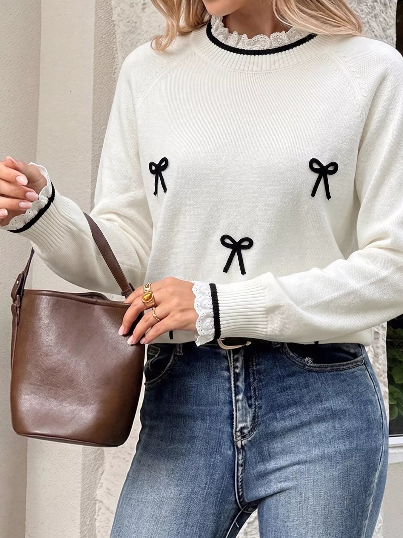 Trendsi Bow-Embellished Lace Trim Sweater -