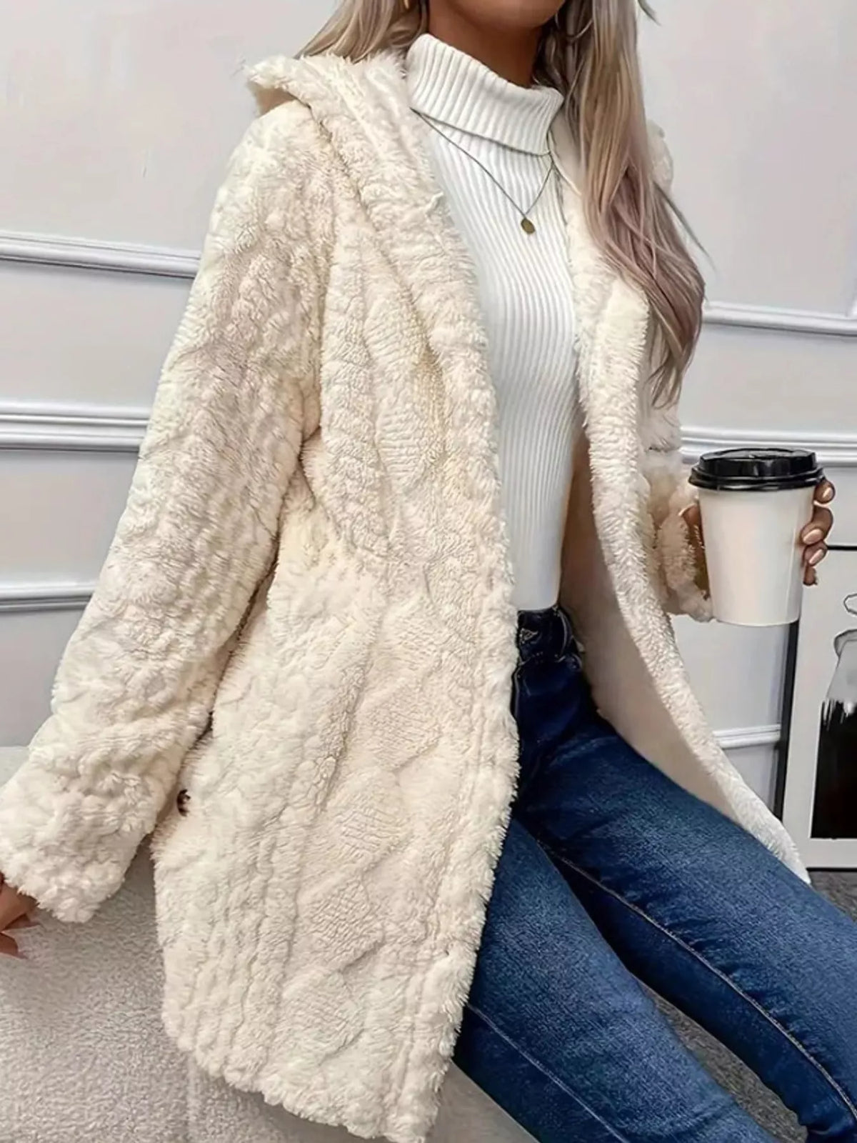 White cable knit faux fur hooded jacket
