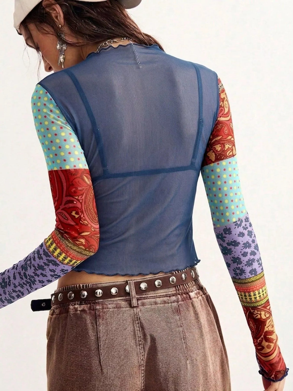 Trendsi Floral Print Mesh Mock Neck Long Sleeve Top -