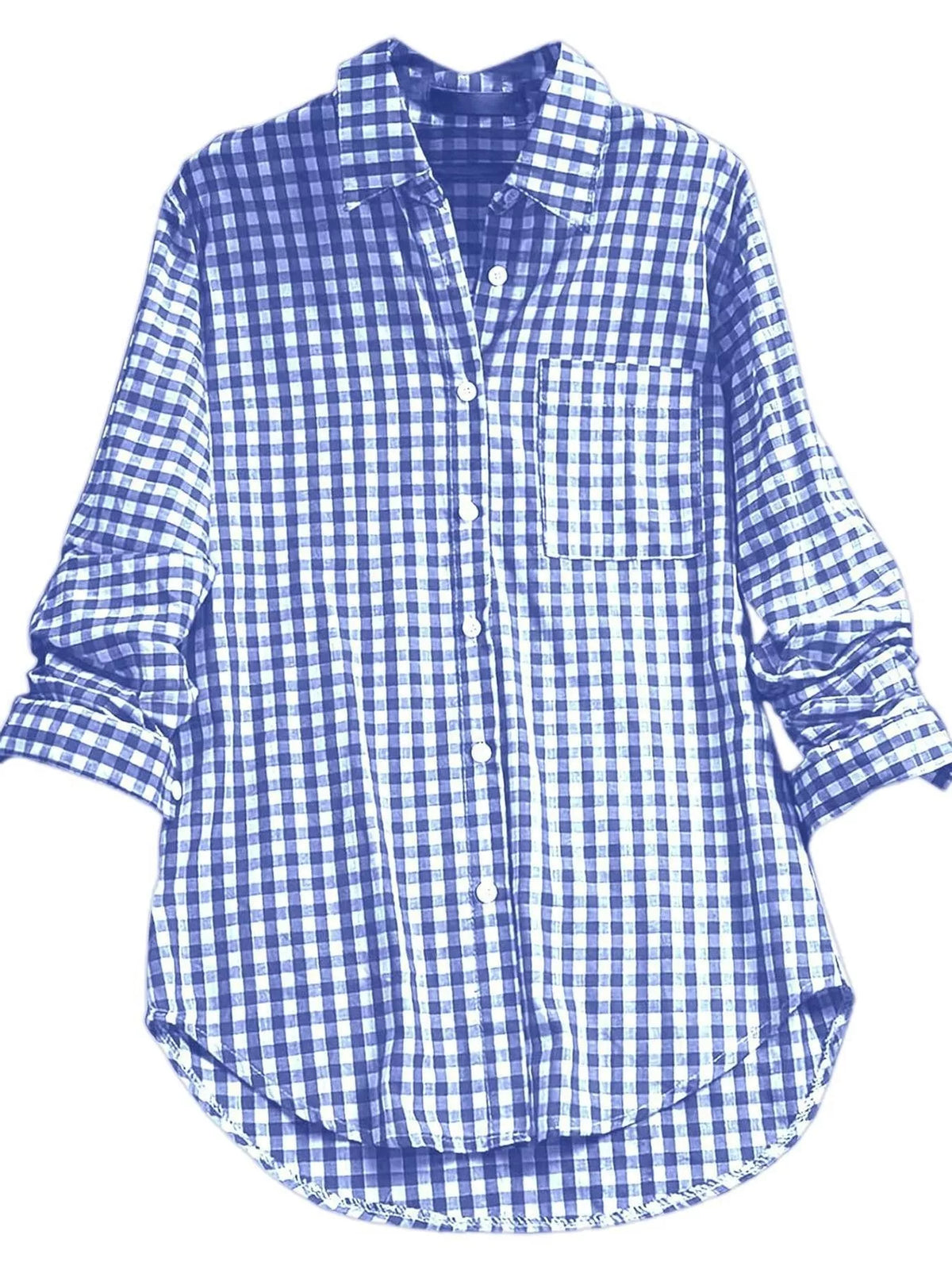 Navy and white plaid button-down shirt