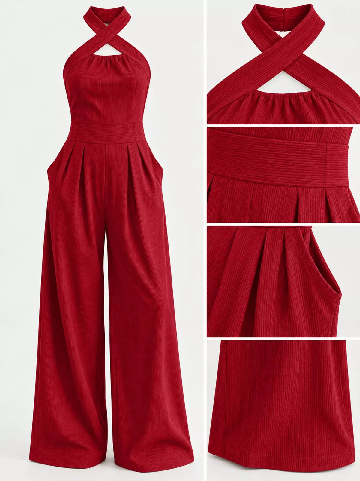 Wide-leg jumpsuit, red detail collage