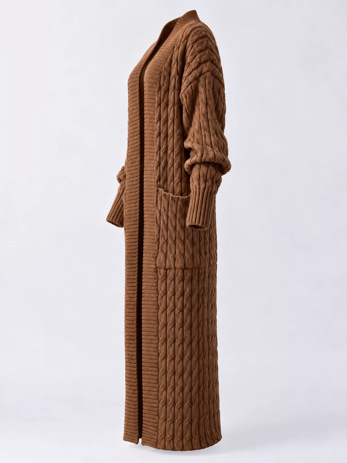 Yellowish Coffee cable-knit longline open-front cardigan