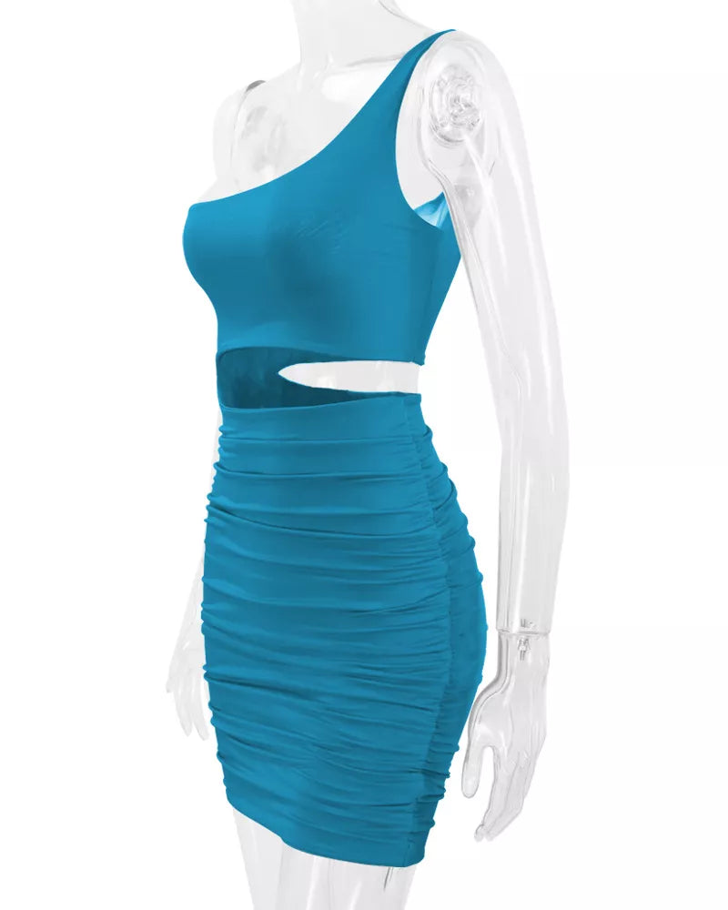 One-shoulder cutout dress, turquoise mannequin side