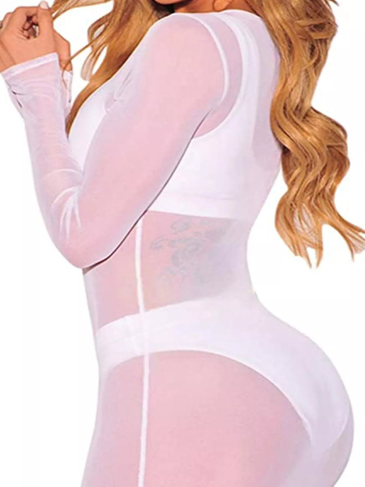 Round neck long sleeve mini top, back view