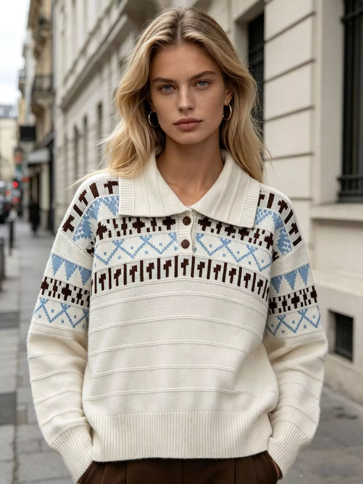 Cream fair isle polo-collar sweater, front view.
