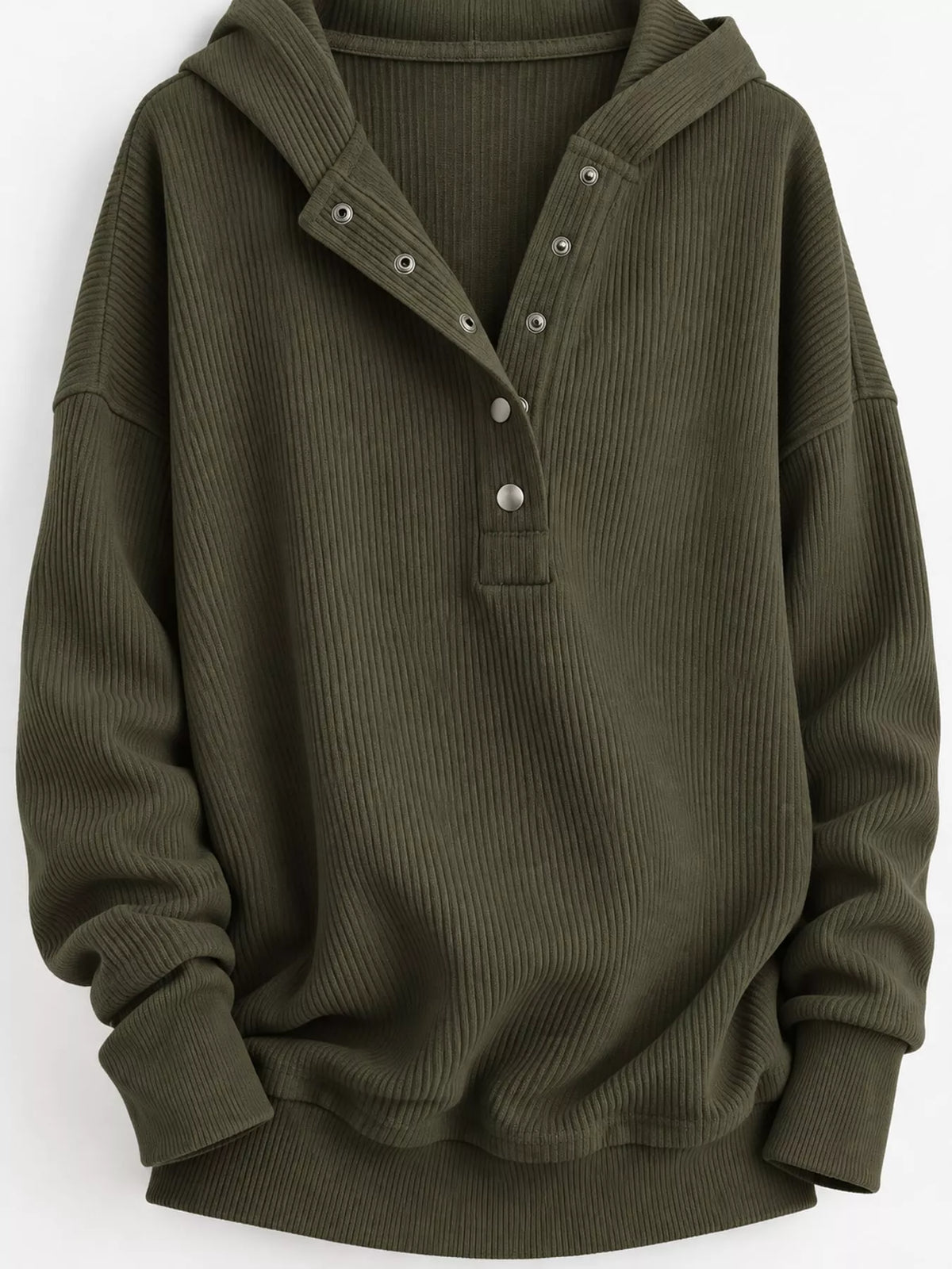 Women's Snap Button Placket Dropped Shoulder Hoodie in olive — flat lay view