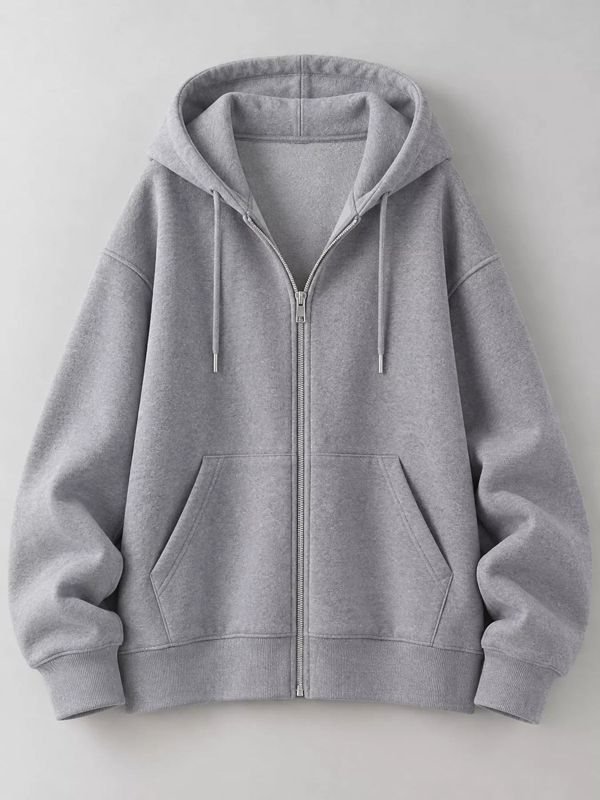 Zip-up hoodie, gray flat lay
