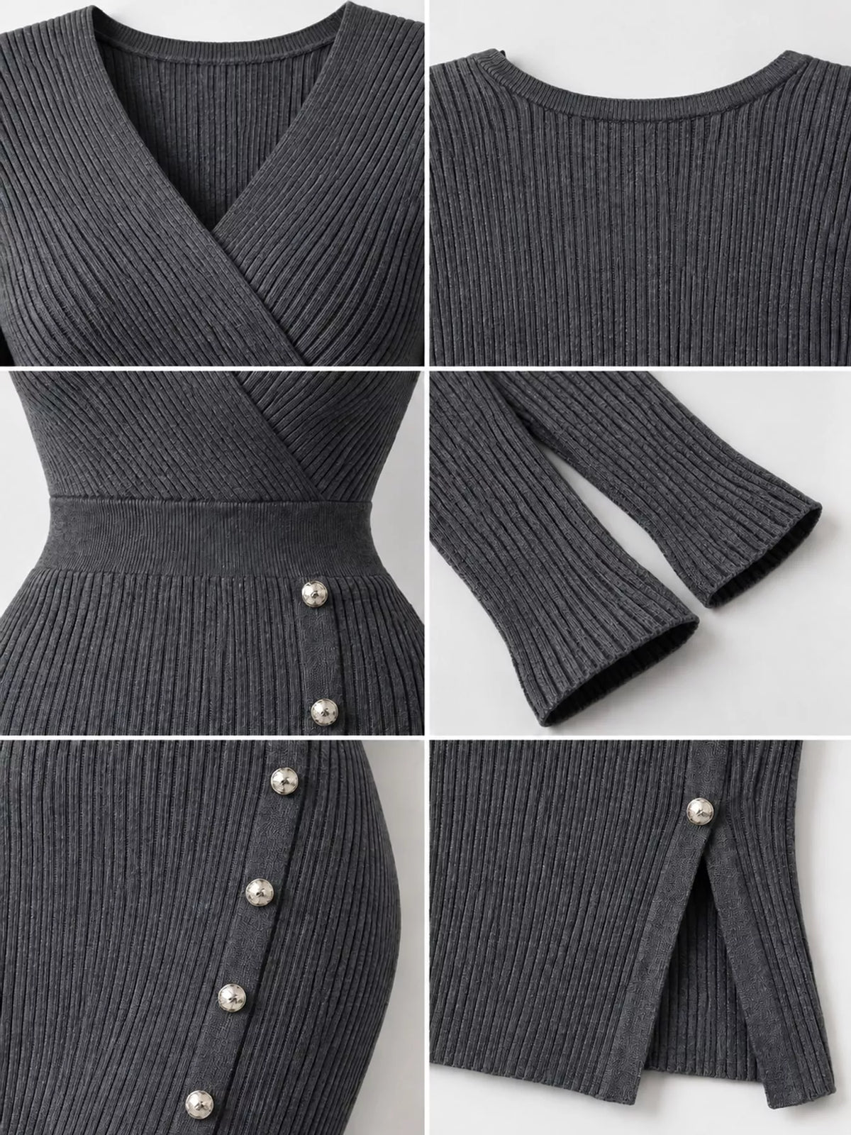Dark gray decorative button ribbed knit sweater dress, detail view
