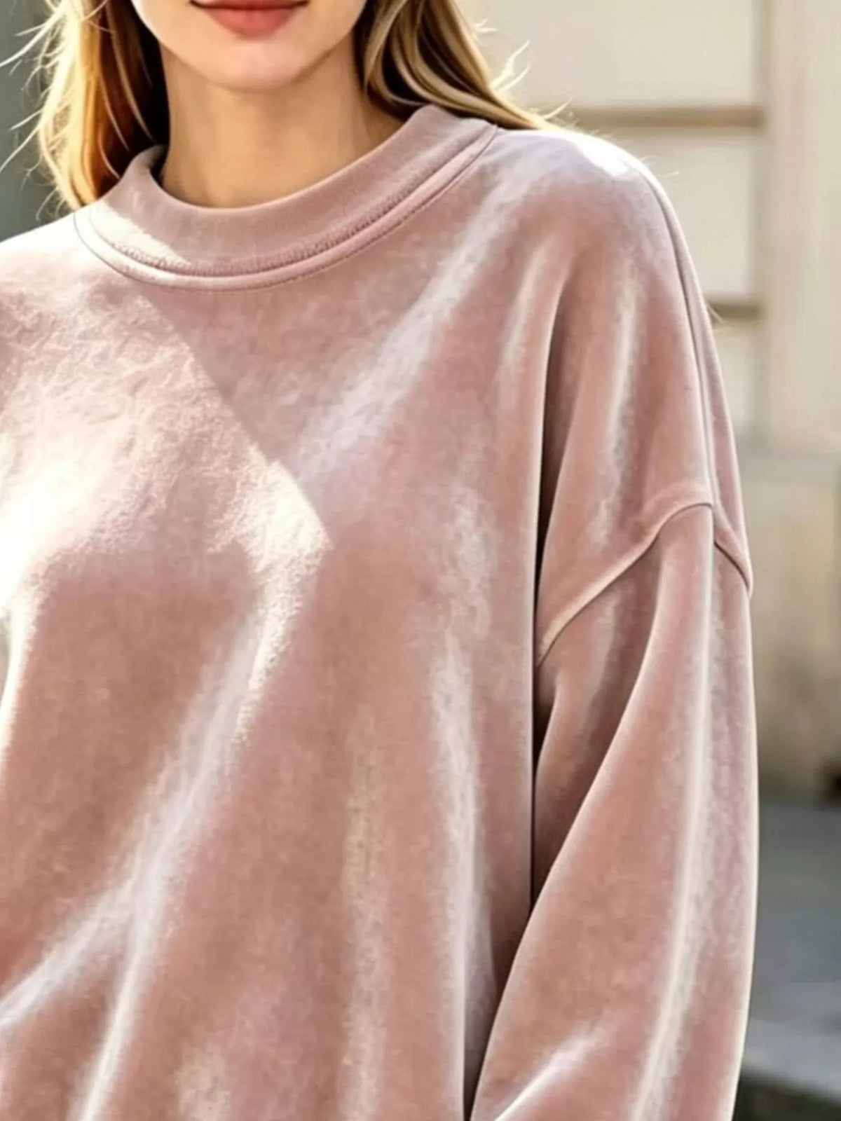 Women's Velvet Crew Neck Dropped Shoulder Sweatshirt in pink — texture detail view