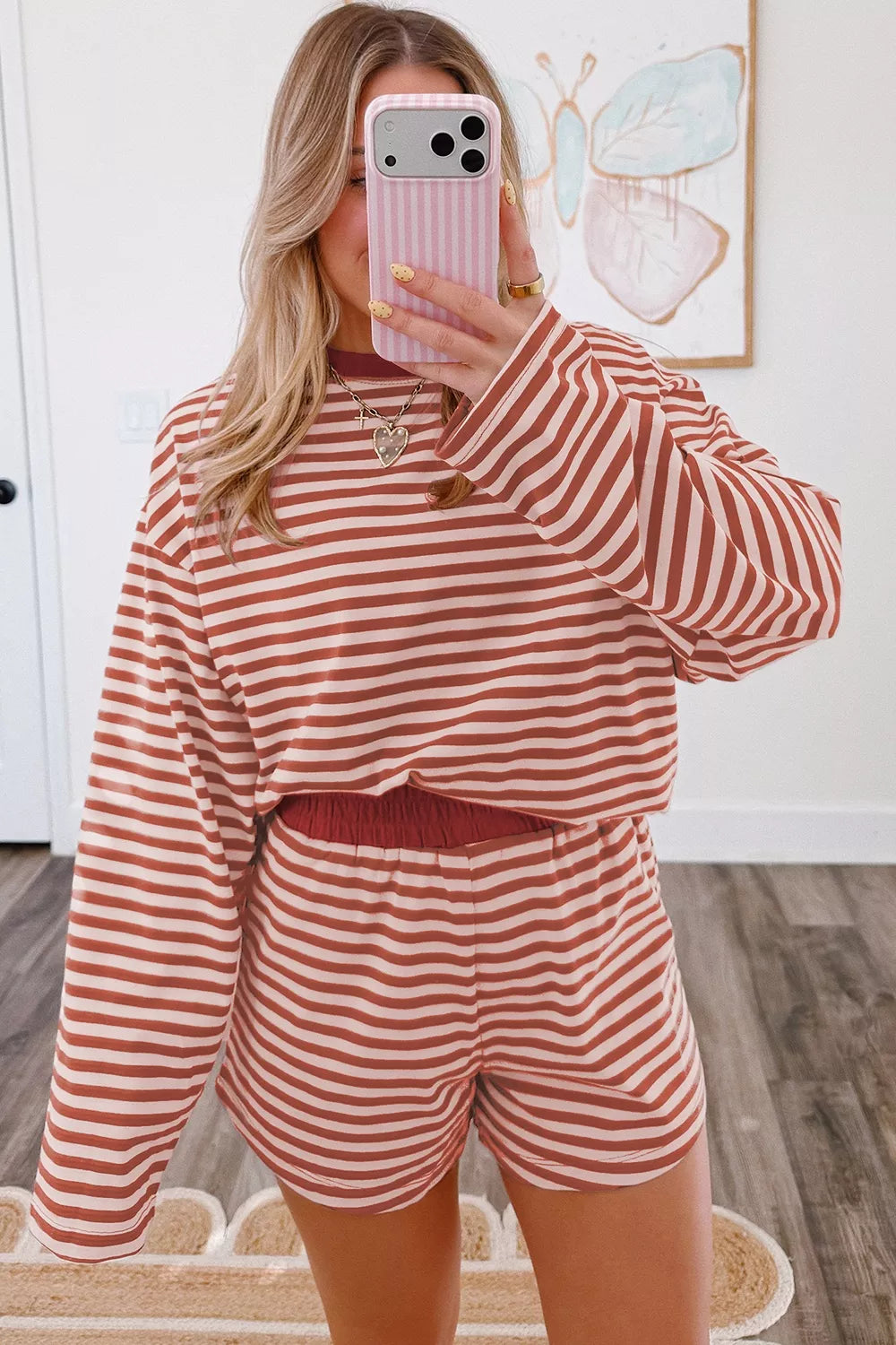 Women's dusty pink striped long sleeve top and shorts matching set