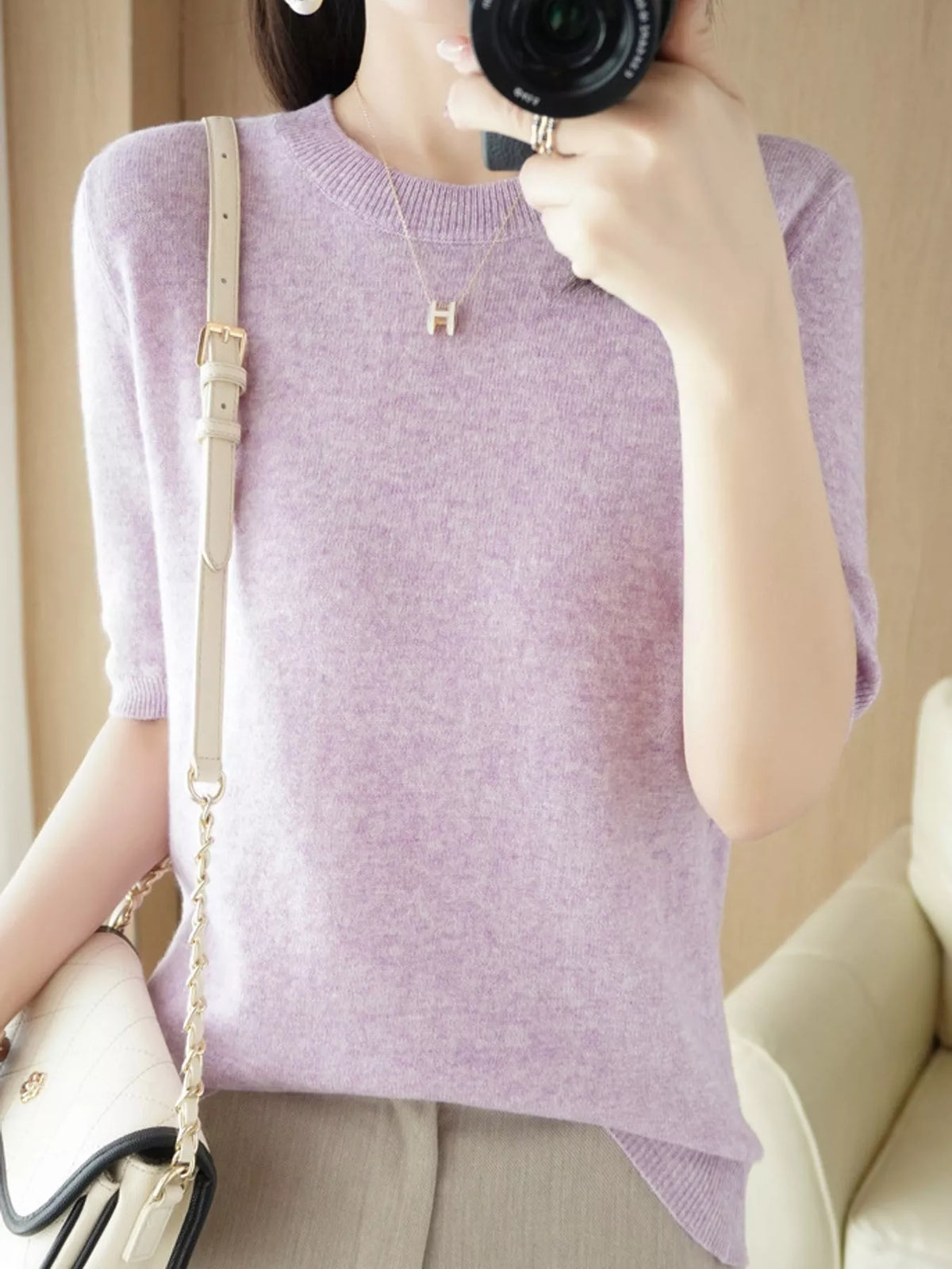 Pink Lavender round neck short-sleeve sweater