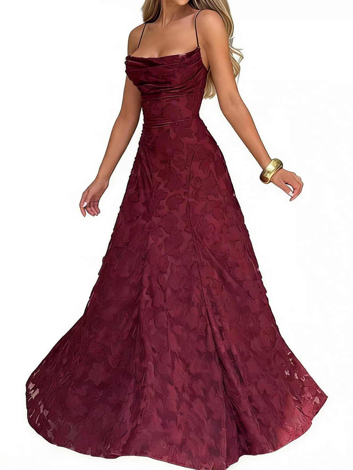 Cowl neck spaghetti-strap maxi dress, front view on model