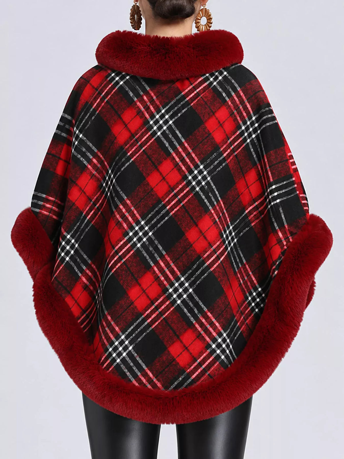 Red-Plaid plaid faux fur trimmed poncho cape, back view