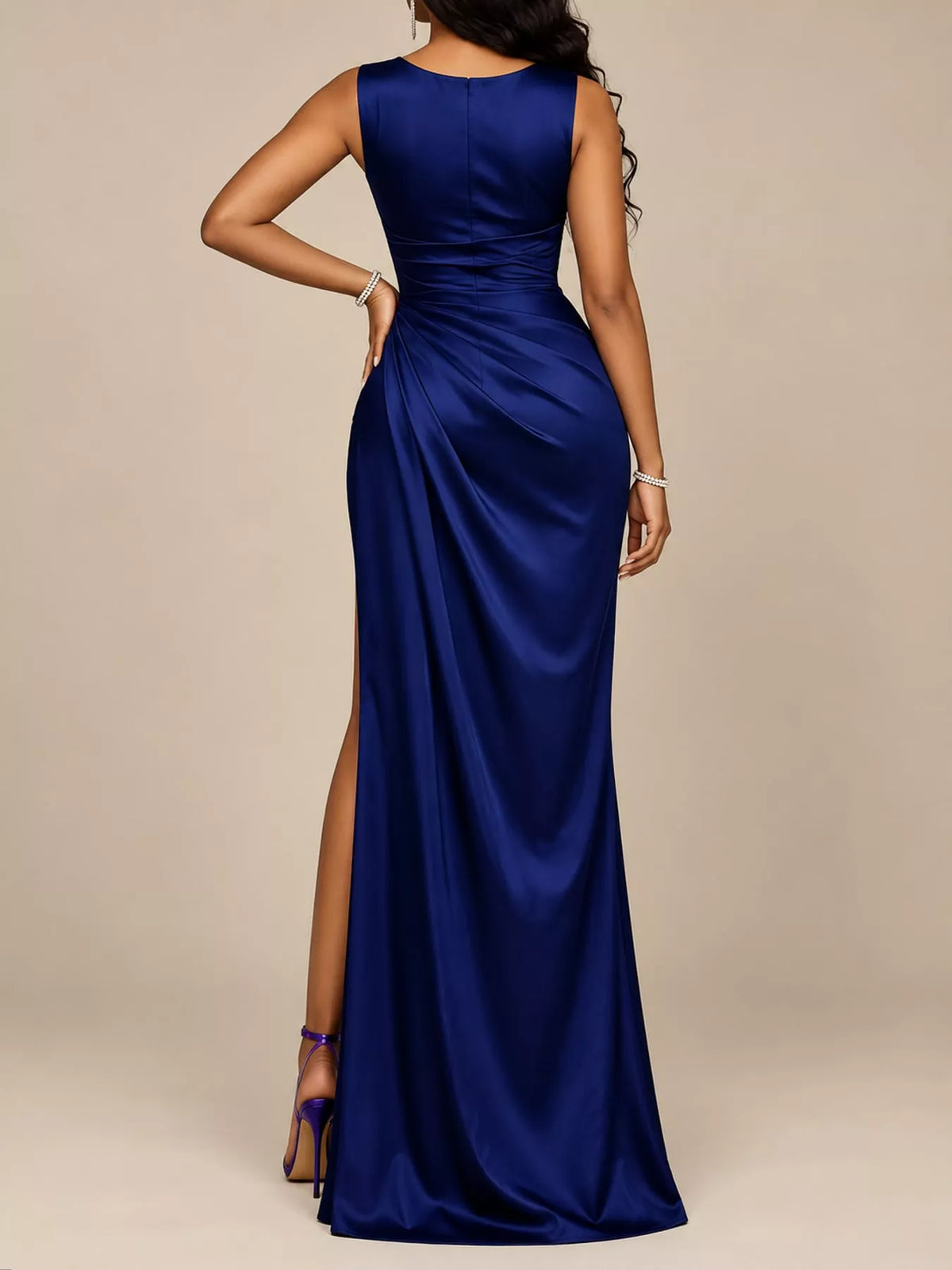 Blue satin cowl neck high slit evening maxi dress, back view