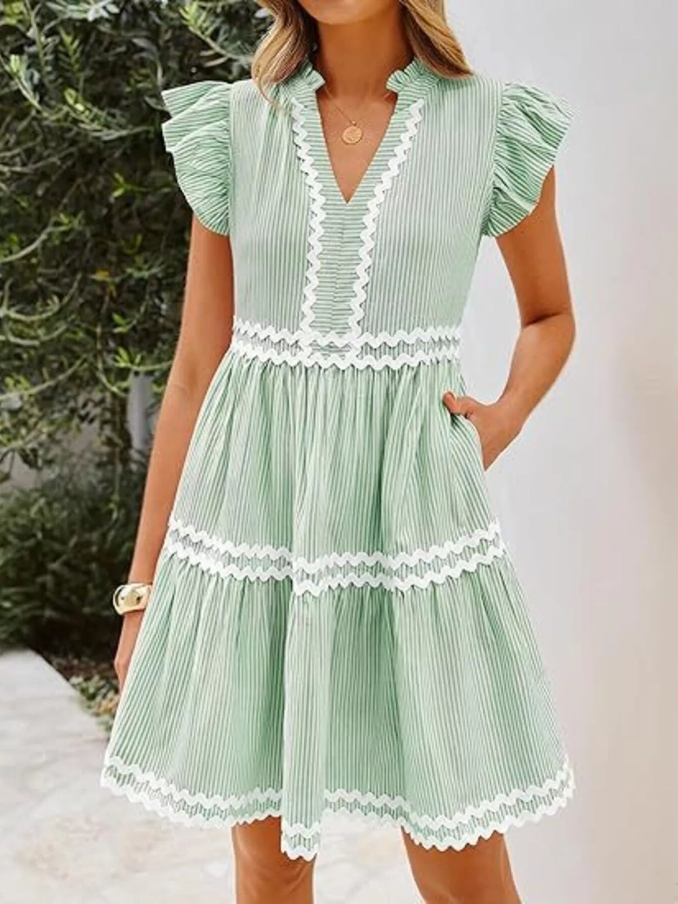 Trendsi Striped Ruffle Sleeve Tiered Dress -